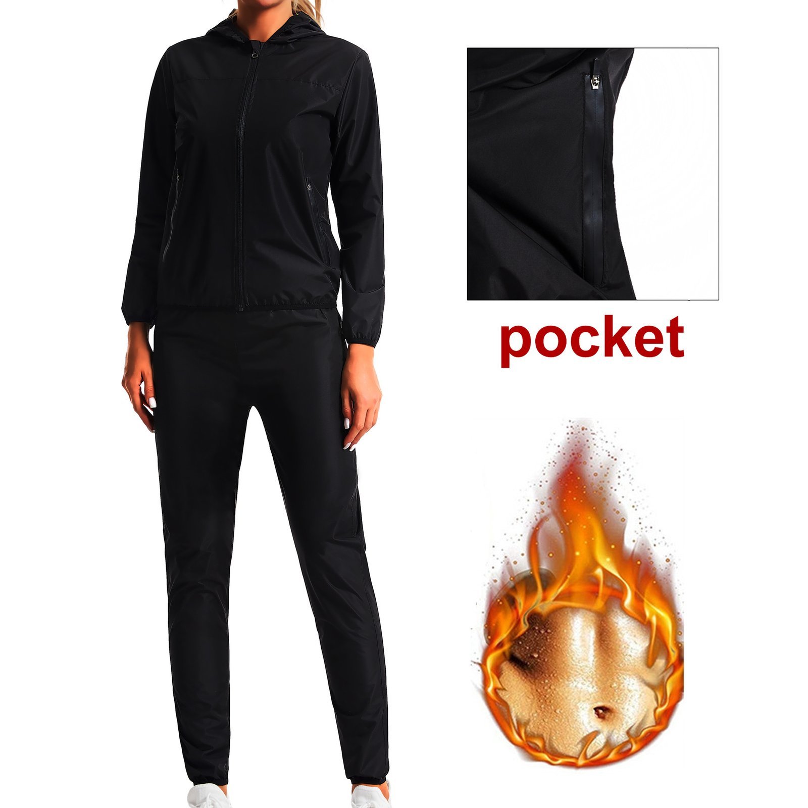 Hooded windproof clothing for outdoor running, body shaping, sweat-inducing clothing, fitness, yoga clothing, sweat-inducing clothing suit