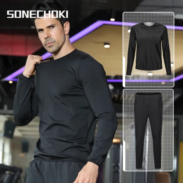 Men's sauna soaked slimming sweater sports sweatshirt weight loss running fitness sportswear set elastic workout tracksuit