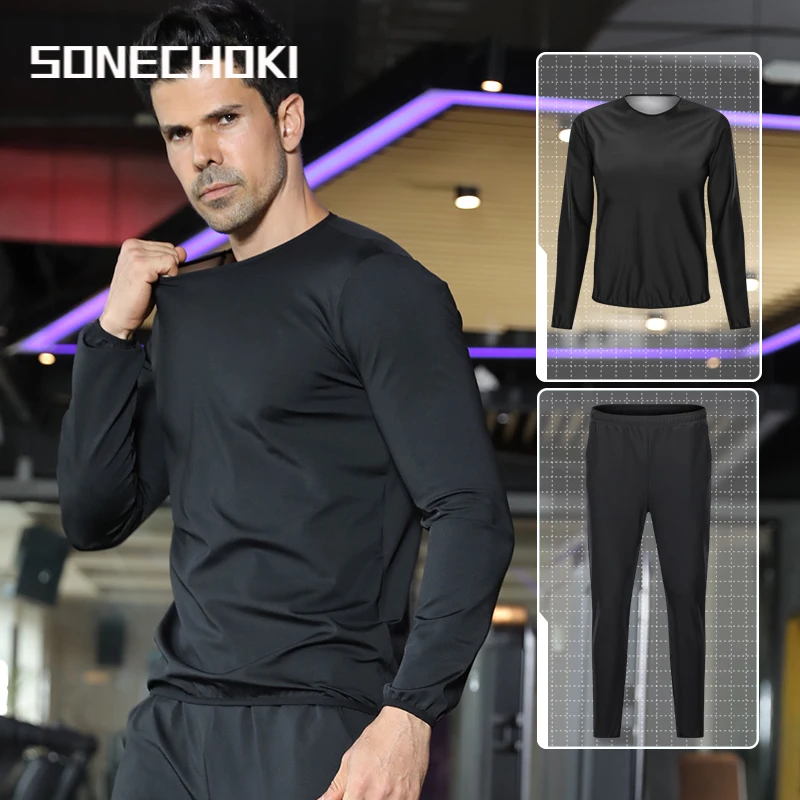 Men's sauna soaked slimming sweater sports sweatshirt weight loss running fitness sportswear set elastic workout tracksuit
