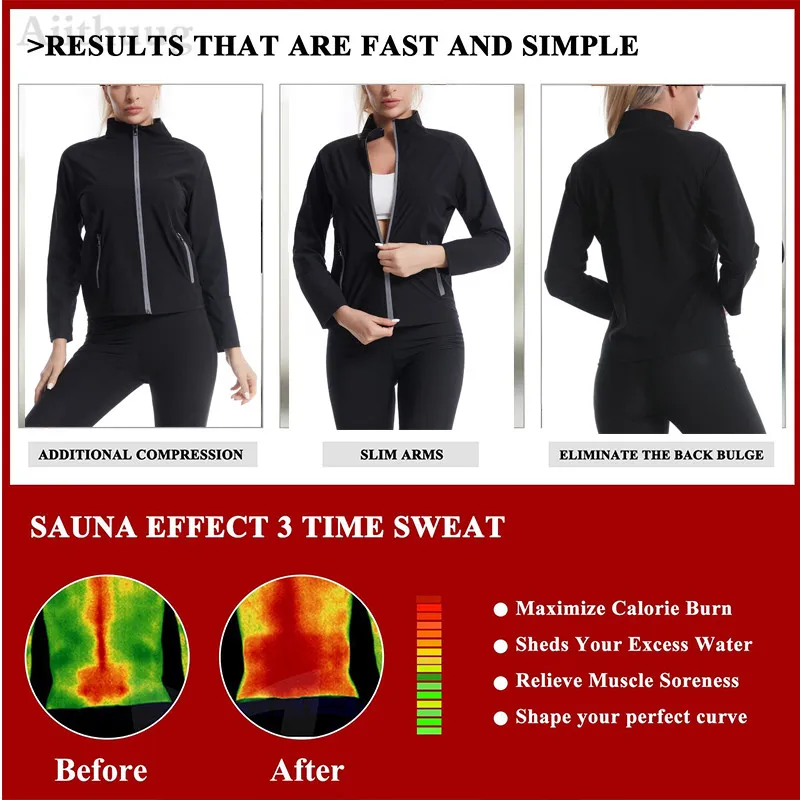 Aiithuug Sauna Sweat Jacket Waist Trainer Jacket Hot Sweat Shirt Weight Loss Sauna Suit Workout Body Shaper Top with Side Pocket - Image 4